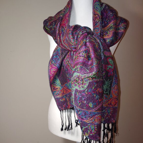 Chico's Multicolored Paisley Fringed Scarf Wrap OS Purple - Picture 6 of 8